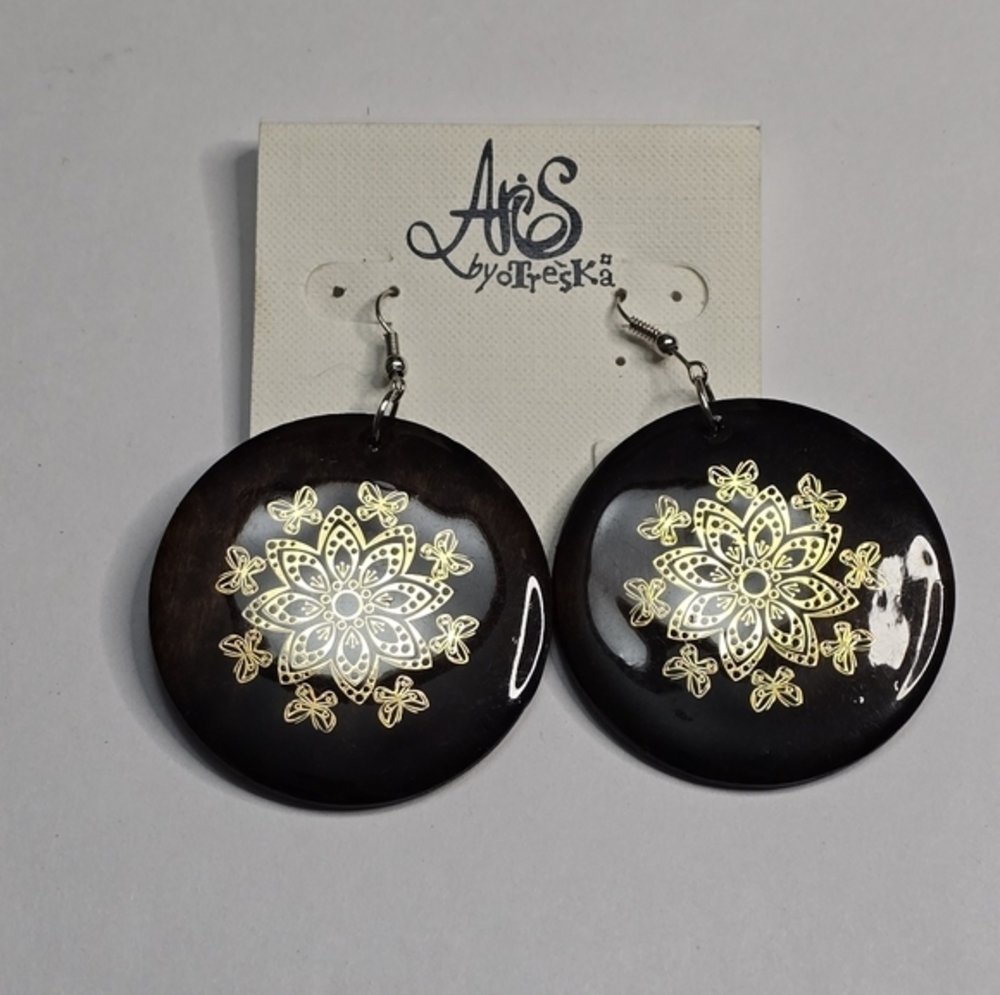 Treska‎ Earrings Brown & Gold Flower Round Dangle Drop Bohemian New